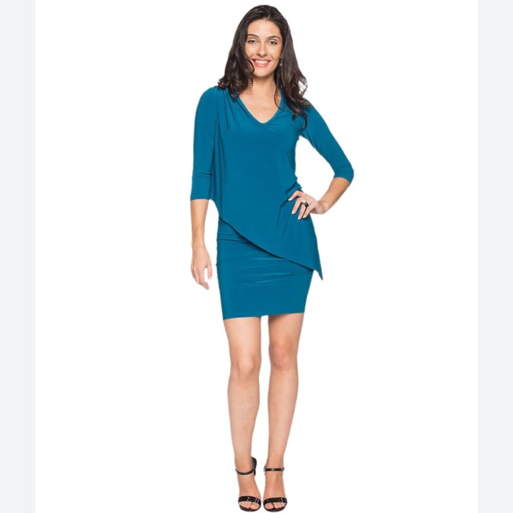 Last Tango Jewel Tone Teal Shirred Stretchy Asymmetrical Dress Cocktail Party